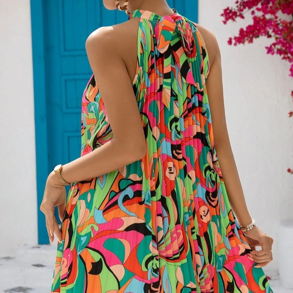 Multicolor Boho Womens Allover Print Tie Back Halter Dress - Picture 3 of 5
